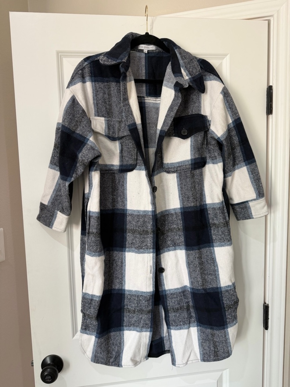 Plaid Long Shacket Jacket - Navy & White